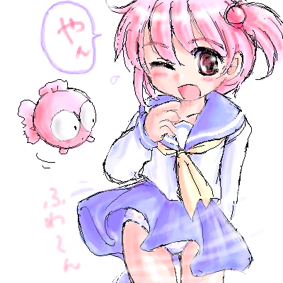 gyopi, wapiko, kingyo chuuihou!, lowres, translated, 1girl, blue sailor collar, blush, embarrassed, female focus, fish, hair bobbles, hair ornament, loli, oekaki, open mouth, panties, pantyshot, pink hair, polka dot, polka dot panties, red eyes, sailor, sailor collar, school uniform, serafuku, short hair, side ponytail, sketch, skirt, solo, sweatdrop, thigh gap, thighs, underwear, white panties, wince, wind, wind lift
