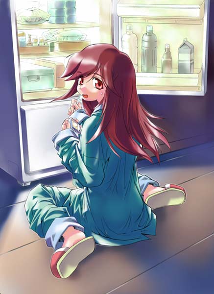 brown eyes, brown hair, kneeling, long hair, milk, pajamas, refrigerator, sitting, slippers