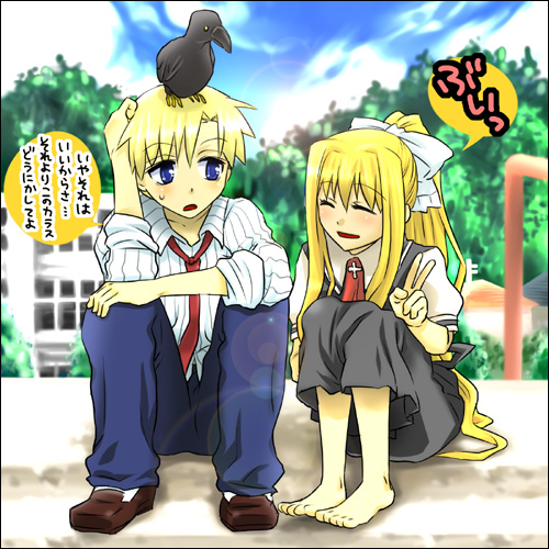 kamio misuzu, sora (air), sunohara youhei, air (visual novel), clannad, lowres, translated, 00s, 1boy, 1girl, animal, animal on head, barefoot, bird, bird on head, blonde hair, blue eyes, blush, closed eyes, cloud, crossover, crow, day, key, long hair, on head, ponytail, ribbon, school uniform, sky, very long hair