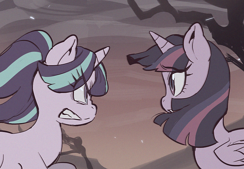 sanjiro (tenshin anman), starlight glimmer, twilight sparkle, my little pony, my little pony: friendship is magic, commentary, derivative work, screenshot redraw, angry, animal, animal focus, clenched teeth, eye contact, floating hair, horns, horse, long hair, looking at another, multicolored hair, no humans, pony (animal), ponytail, purple eyes, purple hair, single horn, streaked hair, teeth, unicorn, winged unicorn, wings