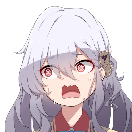 matsumotossu, alpha (alpha 1918), original, fluffy hair, official art, 1girl, @ @, blue bow, blue bowtie, bow, bowtie, braid, cardigan, collar, hair between eyes, hair ornament, hekiho academy school uniform, long hair, nervous sweating, open mouth, red collar, red eyes, russian empire, school uniform, solo, surprised, sweat, transparent background, white hair, yellow cardigan