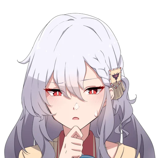 matsumotossu, alpha (alpha 1918), original, fluffy hair, official art, 1girl, blue bow, blue bowtie, bow, bowtie, braid, cardigan, collar, hekiho academy school uniform, long hair, looking down, narrowed eyes, nervous sweating, open mouth, pensive, red collar, red eyes, russian empire, school uniform, solo, sweat, thinking, tongue, transparent background, white hair, yellow cardigan