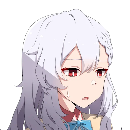 matsumotossu, alpha (alpha 1918), original, fluffy hair, official art, 1girl, bags under eyes, blue bow, blue bowtie, bow, bowtie, braid, cardigan, collar, hekiho academy school uniform, long hair, open mouth, red collar, red eyes, russian empire, school uniform, solo, tongue, transparent background, white hair, yellow cardigan
