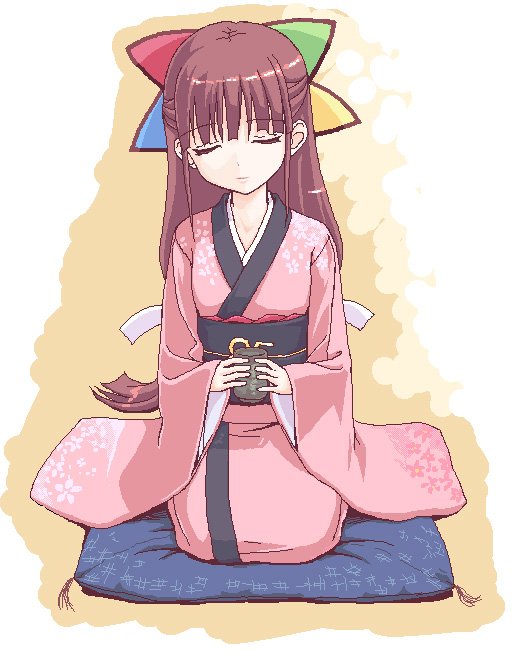 takayaki, 95-tan, os-tan, 1girl, brown hair, closed eyes, cup, female focus, half updo, japanese clothes, kimono, kneeling, long hair, seiza, sitting, solo, tea