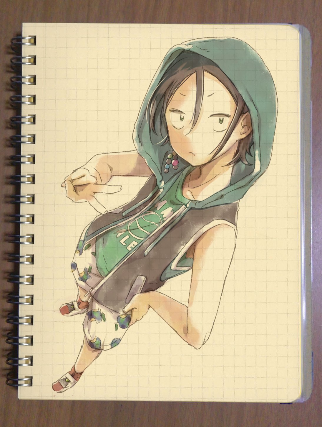 hekicha, kabe taijin, paripi koumei, highres, traditional media, 1boy, alternate costume, apple print, black hair, food print, fruit print, green eyes, hood, hoodie, looking at viewer, male focus, open clothes, open hoodie, open mouth, short hair, shorts, sleeveless, sleeveless hoodie, white shorts