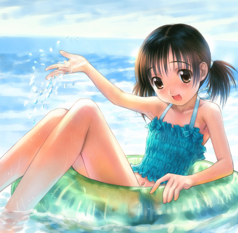 goto p, bad tag, 1girl, bare shoulders, barefoot, beach, bikini, brown eyes, brown hair, child, feet in water, flat chest, formal clothes, innertube, midriff, navel, ocean, partially submerged, soaking feet, solo, splashing, swimsuit, tankini, twintails, water