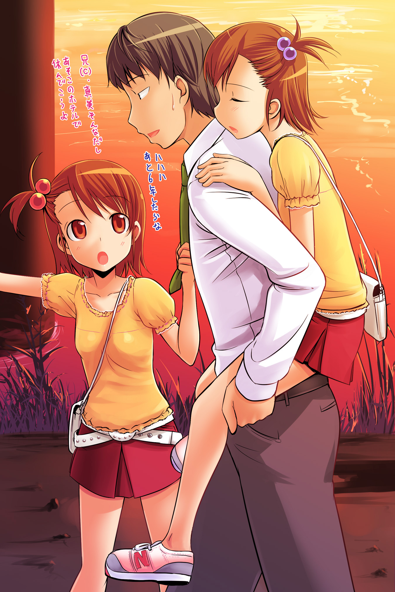 takayaki, futami ami, futami mami, idolmaster, idolmaster (classic), idolmaster 1, highres, translation request, 00s, 1boy, 2girls, bag, between breasts, breasts, brown eyes, brown hair, carrying, clothes grab, hair bobbles, hair ornament, multiple girls, necktie, necktie grab, neckwear grab, piggyback, pointing, short hair, siblings, sisters, sleeping, strap between breasts, sunset, twins