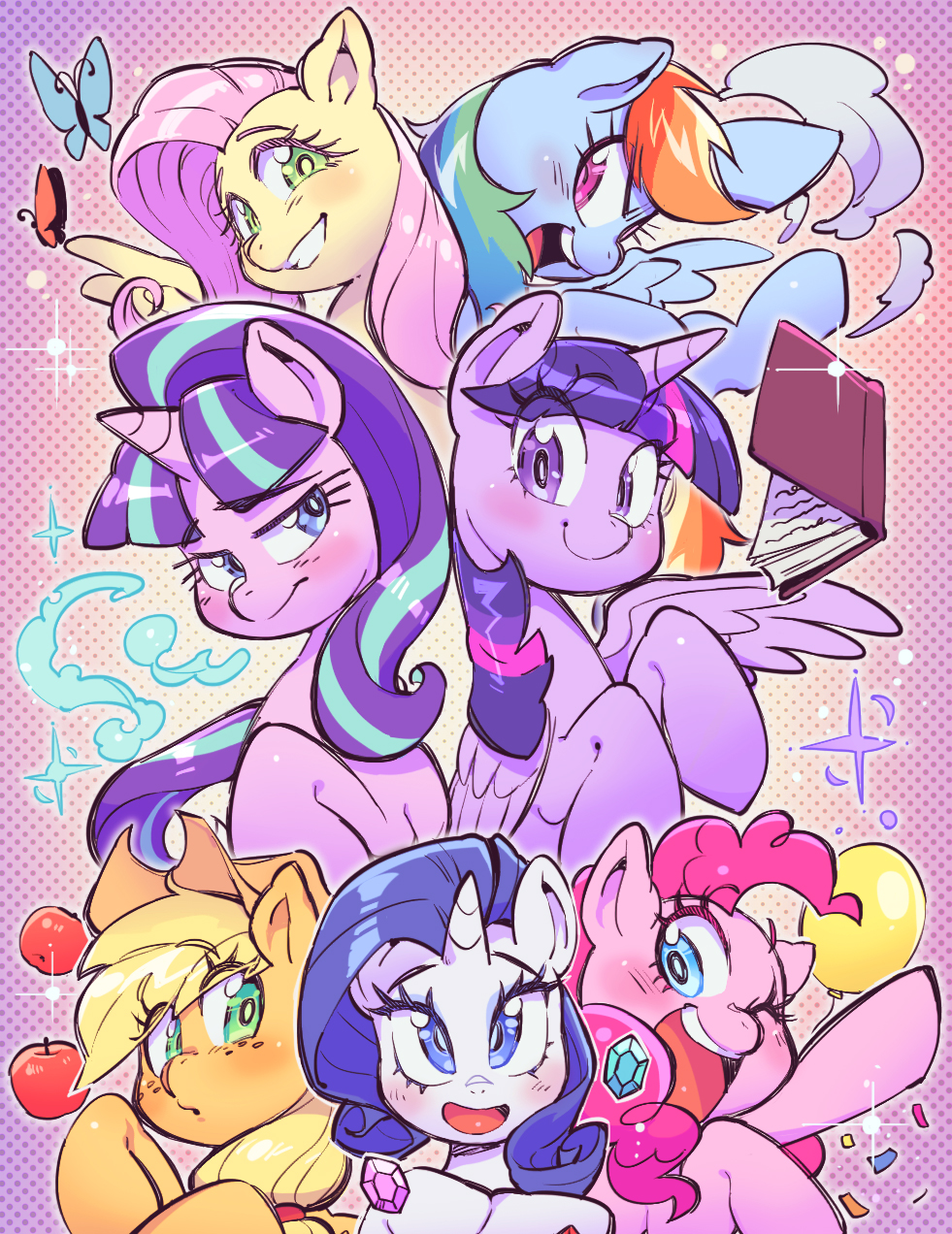 sanjiro (tenshin anman), applejack, fluttershy, mane six (my little pony), pinkie pie, rainbow dash, rarity (my little pony), starlight glimmer, twilight sparkle, my little pony, my little pony: friendship is magic, commentary, highres, animal, animal focus, animification, apple, balloon, blonde hair, blue eyes, book, bug, butterfly, cloud, cowboy hat, curly hair, food, freckles, fruit, gem, green eyes, grin, hat, hooves, horns, insect, long hair, low-tied long hair, magic, multicolored hair, no humans, one eye closed, open mouth, pegasus, pink eyes, pink hair, pony (animal), purple hair, rainbow hair, single horn, smile, streaked hair, unicorn, winged unicorn, wings