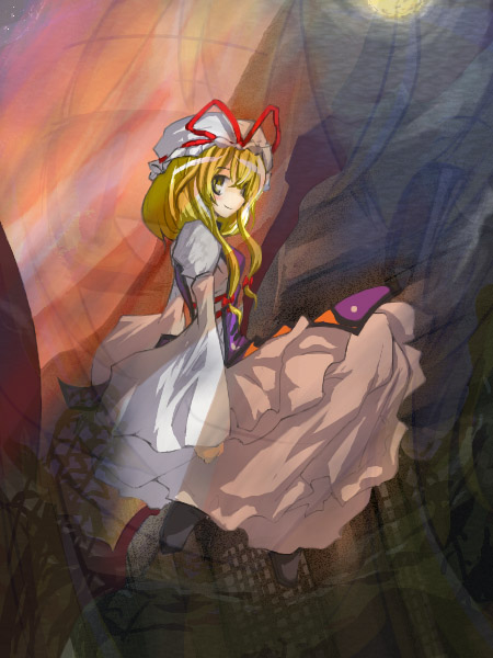 neki-t, yakumo yukari, immaterial and missing power, touhou, bad id, bad pixiv id, 1girl, blonde hair, female focus, hat, mob cap, solo, yellow eyes