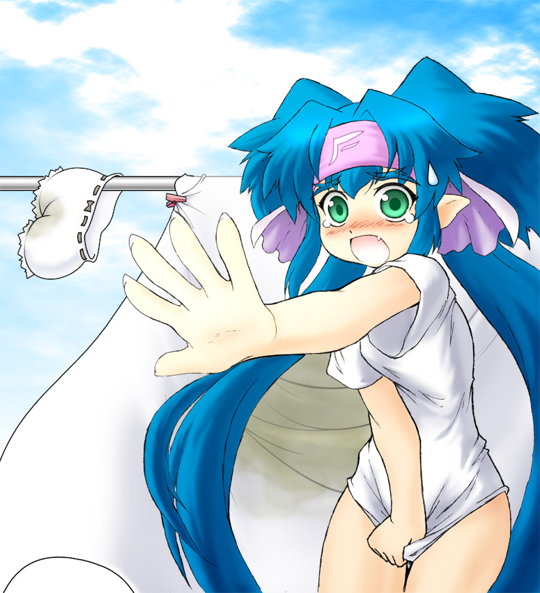 klan klein, macross, macross frontier, 00s, 1girl, bedwetting, blue hair, blush, bottomless, embarrassed, female focus, green eyes, headband, loli, long hair, miclone, pointy ears, solo, twintails, very long hair