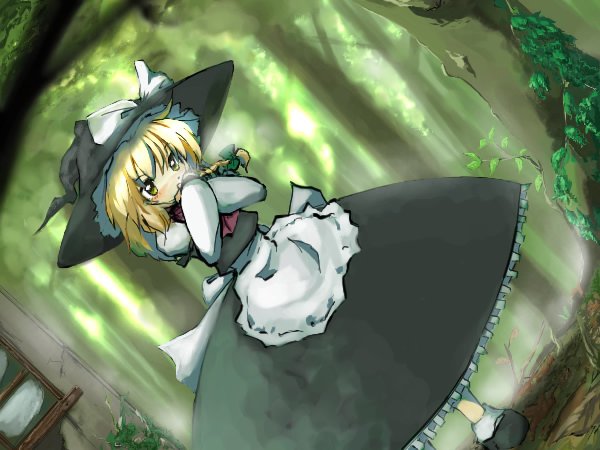 neki-t, kirisame marisa, touhou, 1girl, female focus, forest, hat, nature, outdoors, plant, skirt, solo, witch, witch hat