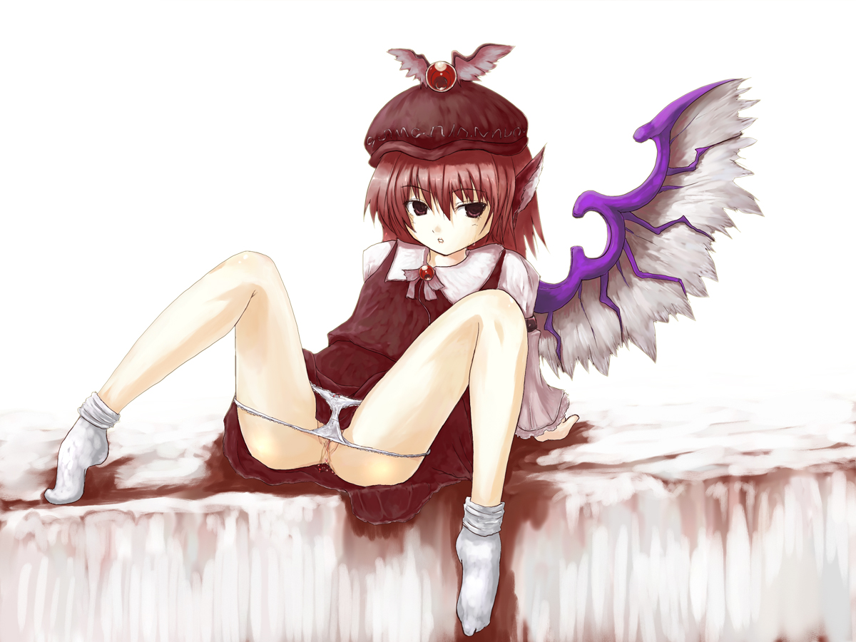 kuku, mystia lorelei, touhou, 1girl, animal ears, female focus, hat, panties, panty pull, pussy juice, sitting, socks, solo, spread legs, underwear, wings