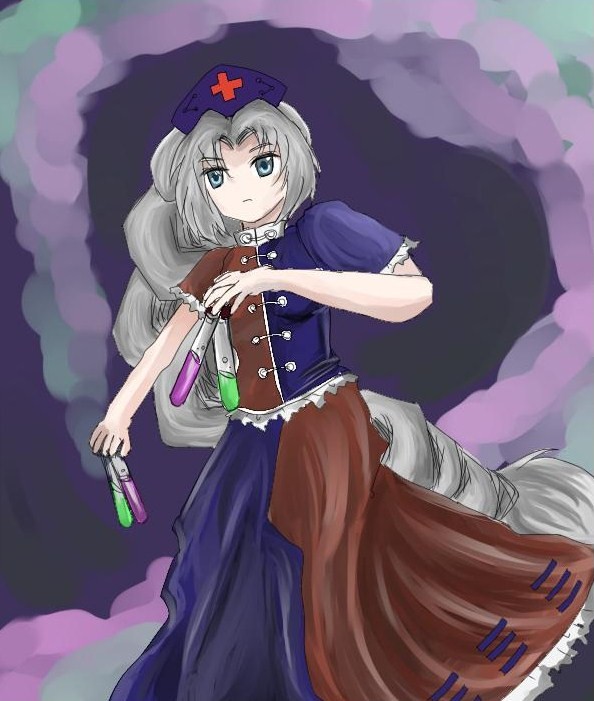 afterdark, yagokoro eirin, touhou, bad id, bad pixiv id, 1girl, female focus, hat, nurse cap, solo, standing, white hair