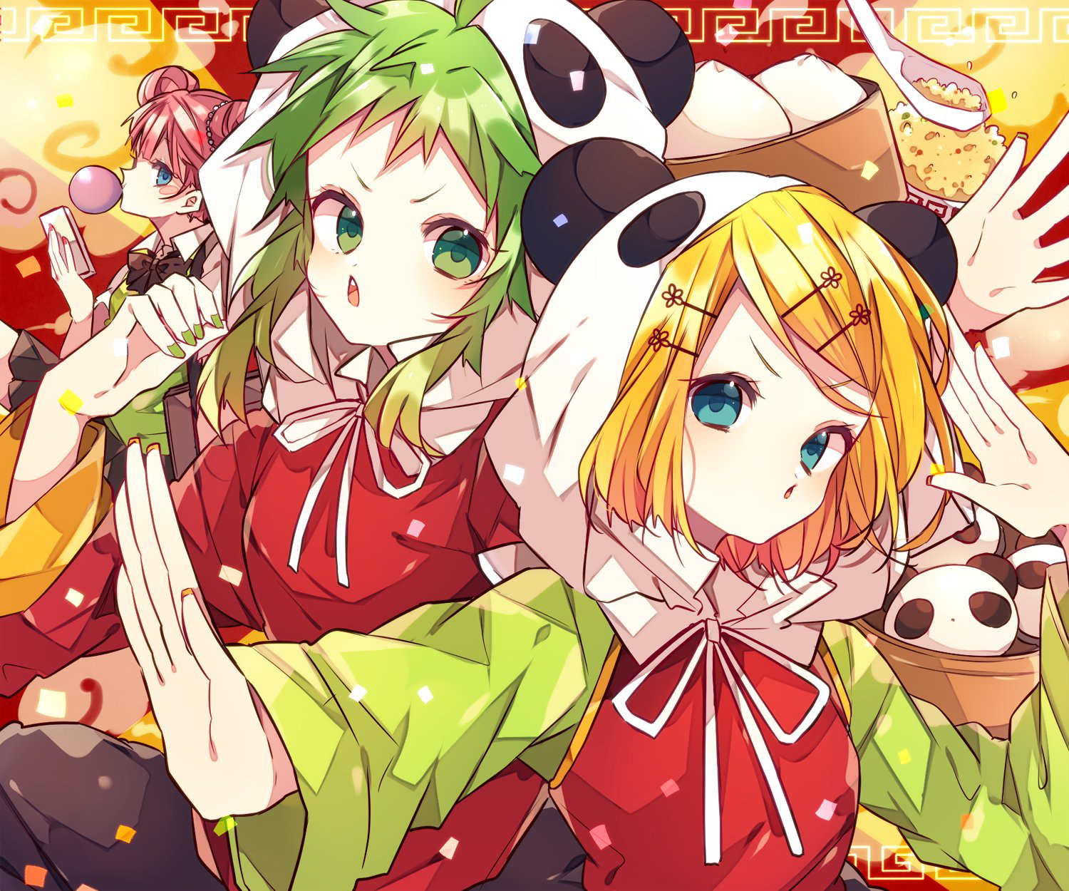 kaho 0102, gumi, kagamine rin, megurine luka, vocaloid, commentary request, highres, 3girls, :o, animal hood, black bow, black bowtie, blonde hair, blowing bubble gum, blue eyes, bow, bowl, bowtie, chewing gum, double bun, green eyes, green hair, green sleeves, hair bun, hand up, hood, hood up, hoodie, long sleeves, multiple girls, open mouth, outstretched arm, panda hood, pink hair, red hoodie, rice, short hair, spoon, upper body, v-shaped eyebrows