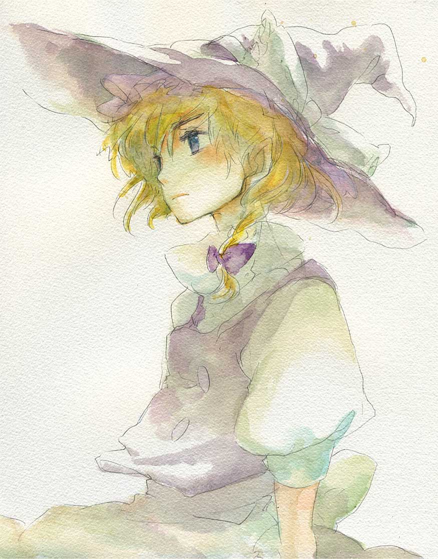 sugi, kirisame marisa, touhou, looking away, bad id, bad pixiv id, painting (medium), traditional media, watercolor (medium), 1girl, apron, blonde hair, braid, female focus, hat, looking afar, puffy sleeves, short hair, short sleeves, side braid, sketch, solo, vest, waist apron, witch, witch hat