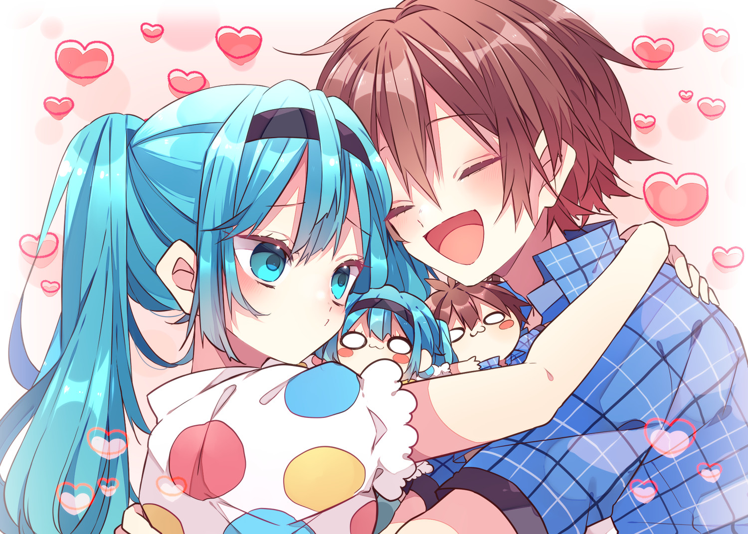 kaho 0102, hatsune miku, kaito (vocaloid), vocaloid, commentary request, 1boy, 1girl, :3, :d, black hairband, blue eyes, blue hair, blue shirt, blush, blush stickers, brown hair, chibi, closed eyes, closed mouth, collared shirt, double-parted bangs, hairband, heart, hug, long hair, o o, open mouth, plaid clothes, plaid shirt, polka dot, polka dot shirt, shirt, short hair, short sleeves, smile, twintails, upper body, white shirt