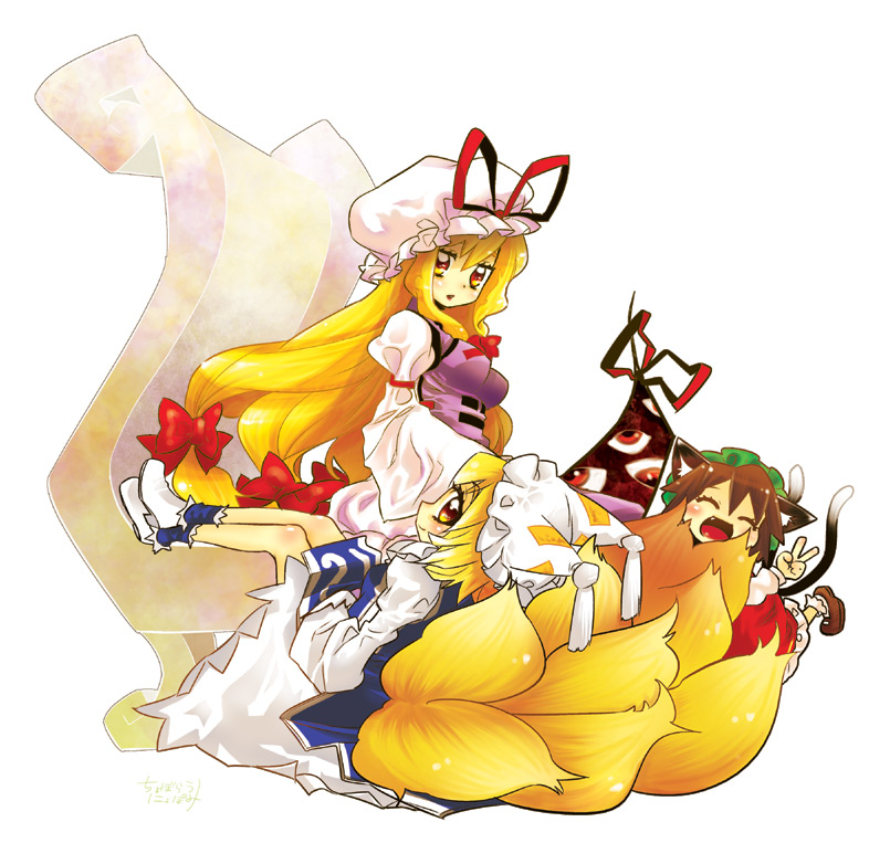 choborau nyopomi, chen, yakumo ran, yakumo yukari, touhou, 3girls, animal ears, blonde hair, breasts, cat ears, cat girl, cat tail, chibi, dress, female focus, fox tail, gap (touhou), hat, hug, hugging another's tail, hugging tail, long hair, multiple girls, tail, v, white background
