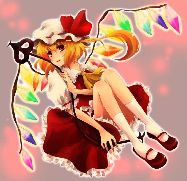 fuyu (pixiv44308), flandre scarlet, touhou, bad id, bad pixiv id, 1girl, blonde hair, blouse, collared shirt, female focus, full body, gradient background, grey background, hair between eyes, hat, laevatein, mob cap, red eyes, red shoes, shirt, shoes, sitting, socks, solo, white hat, white shirt, white socks, wings