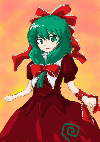 okumari, kagiyama hina, touhou, bad id, bad pixiv id, 1girl, female focus, front ponytail, green hair, ribbon, solo, standing