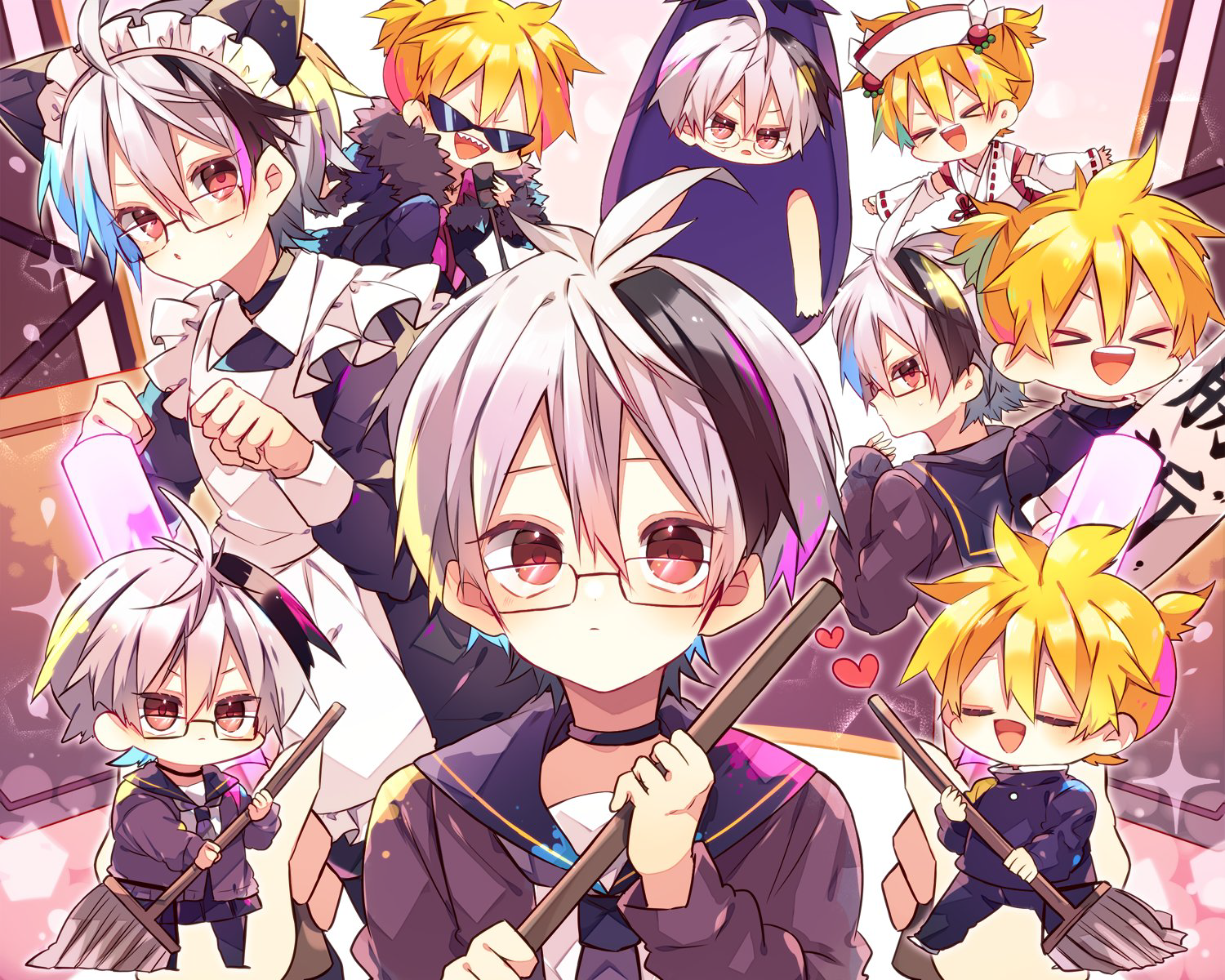 kaho 0102, flower (vocaloid), flower (vocaloid4), kagamine len, vocaloid, commentary request, highres, > <, 1boy, 1girl, animal ears, apron, bespectacled, blonde hair, broom, chibi, coat, collared shirt, detached sleeves, dress, eggplant, eggplant costume, frilled apron, frills, fur-trimmed coat, fur trim, glasses, heart, holding, holding broom, japanese clothes, looking at viewer, maid, maid headdress, multicolored hair, multiple views, neckerchief, open mouth, puffy sleeves, purple dress, purple eyes, purple hair, purple neckerchief, purple shirt, sailor collar, school uniform, serafuku, shirt, short hair, smile, spiked hair, streaked hair, two-tone hair, white hair, white shirt, white sleeves