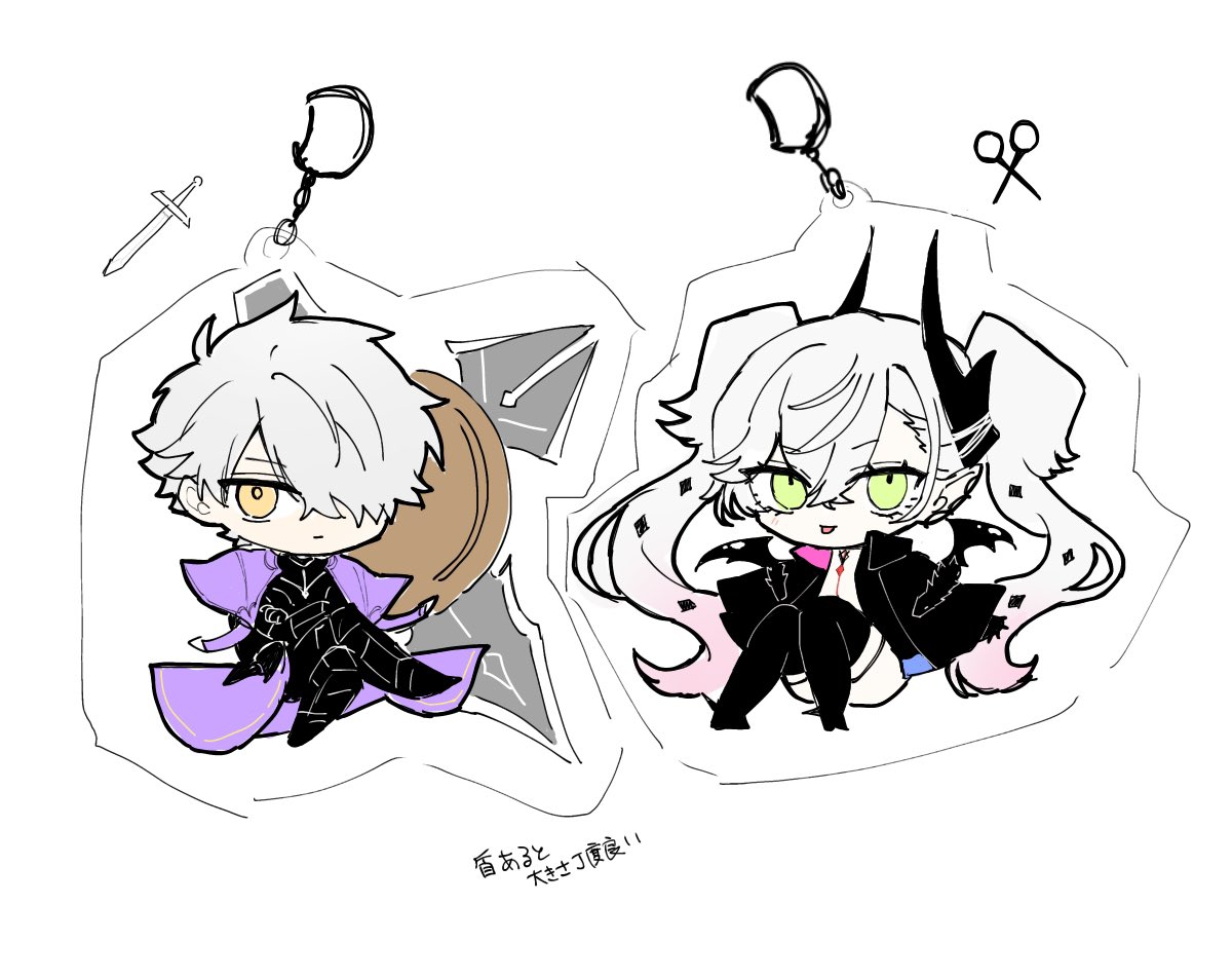 mo (aabx315), galahad (fate), lilith (fate), lilith (second ascension) (fate), fate/grand order, fate (series), 1boy, 1girl, :p, armor, bat wings, black armor, black jacket, body markings, cape, charm (object), chibi, crossed legs, expressionless, full body, gradient hair, green eyes, hair over one eye, horns, jacket, knees together feet apart, looking at viewer, lord camelot (fate), multicolored hair, open clothes, open jacket, purple armor, purple cape, scissors, sitting, studded, sword, tongue, tongue out, waist cape, weapon, white hair, wings, yellow eyes