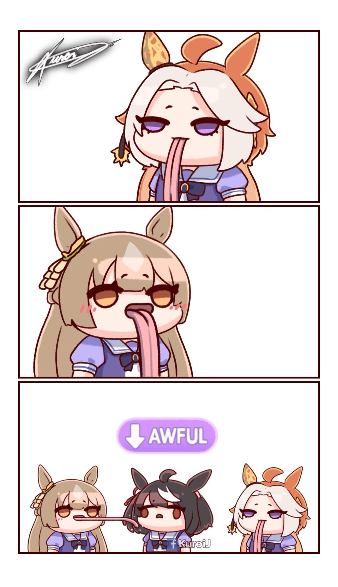 kuroij, kitasan black (umamusume), orfevre (umamusume), satono diamond (umamusume), umamusume, highres, 3girls, ahoge, animal ears, black hair, blush, bow, braid, brown eyes, brown hair, closed mouth, double-parted bangs, ear covers, ear ornament, ear ribbon, freaky satono diamond (meme), frown, hair between eyes, hair intakes, hair ornament, half up braid, horse ears, horse girl, licking, long hair, long tongue, meme, mood (umamusume), multicolored hair, multiple girls, open mouth, orange hair, puffy short sleeves, puffy sleeves, purple bow, purple eyes, purple serafuku, purple shirt, red eyes, sailor collar, sailor shirt, school uniform, serafuku, shirt, short hair, short sleeves, single ear cover, smile, streaked hair, tongue, tongue out, tracen school uniform, two-tone hair, very long hair, very long tongue, white hair, white sailor collar