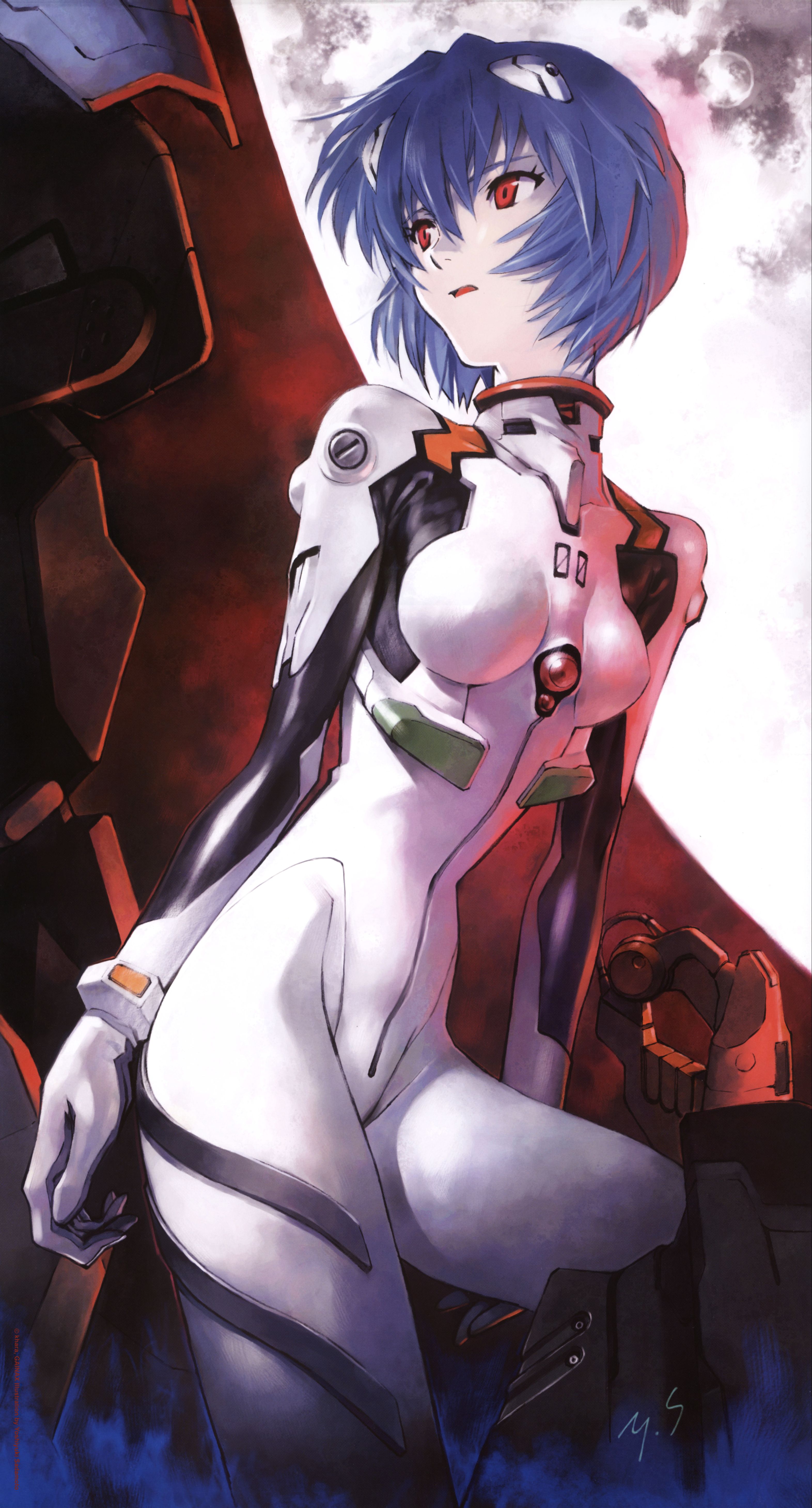 sadamoto yoshiyuki, ayanami rei, evangelion: 1.0 you are (not) alone, neon genesis evangelion, rebuild of evangelion, absurdres, highres, official art, scan, 00s, 1girl, blue hair, bodysuit, female focus, interface headset (evangelion), mecha pilot suit, moon, pale skin, plugsuit (evangelion), solo