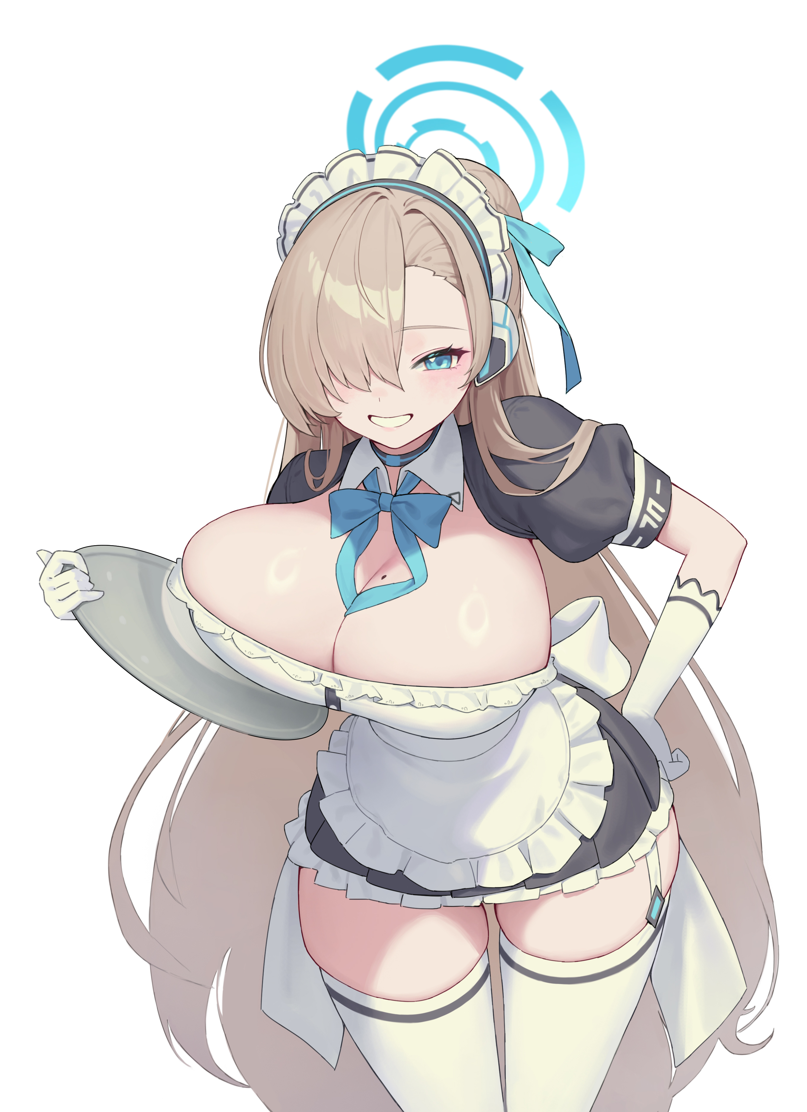 ina seo, asuna (blue archive), blue archive, absurdres, hashtag-only commentary, highres, 1girl, apron, black choker, black dress, blue bow, blue bowtie, blue eyes, blue halo, blue ribbon, bow, bowtie, breasts, brown hair, choker, cleavage, cowboy shot, dress, elbow gloves, frilled apron, frilled dress, frills, garter straps, gloves, grin, hair over one eye, hair ribbon, halo, hand on own hip, holding, holding tray, large breasts, leaning forward, long hair, looking at viewer, maid, maid apron, maid headdress, mole, mole on breast, one eye covered, puffy short sleeves, puffy sleeves, ribbon, shiny skin, short sleeves, simple background, smile, solo, standing, thighhighs, tray, very long hair, white apron, white background, white gloves, white thighhighs