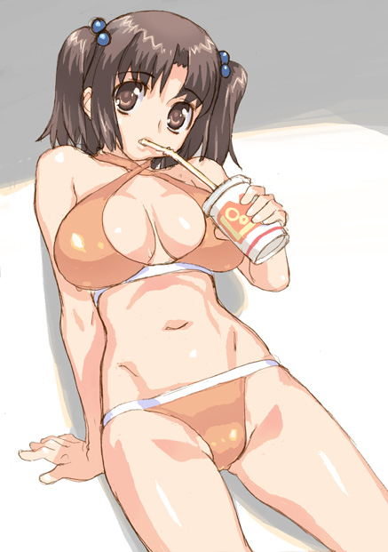 hirose (mokiki), original, arm support, bikini, breasts, brown eyes, brown hair, drink, huge breasts, lying, orange bikini, solo, swimsuit, twintails