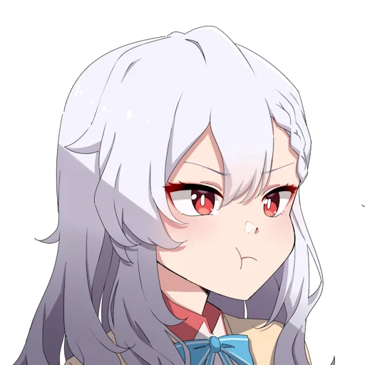 matsumotossu, alpha (alpha 1918), original, fluffy hair, official art, 1girl, blue bow, blue bowtie, bow, bowtie, braid, cardigan, collar, hekiho academy school uniform, light blush, long hair, pout, red collar, red eyes, russian empire, school uniform, solo, transparent background, white hair, yellow cardigan
