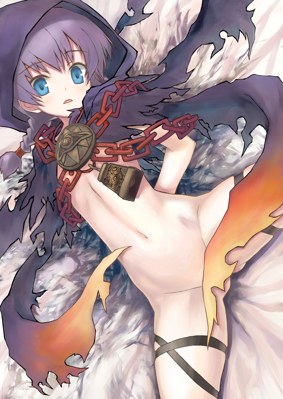 kagutsuchi (artist), kagutsuchi (l'archange), curse maker, curse maker 2, atlus, etrian odyssey, highres, 1girl, blue eyes, bottomless, braid, chain, female focus, groin, hood, navel, no panties, purple hair, solo, spread legs, thigh strap, thighs, twin braids