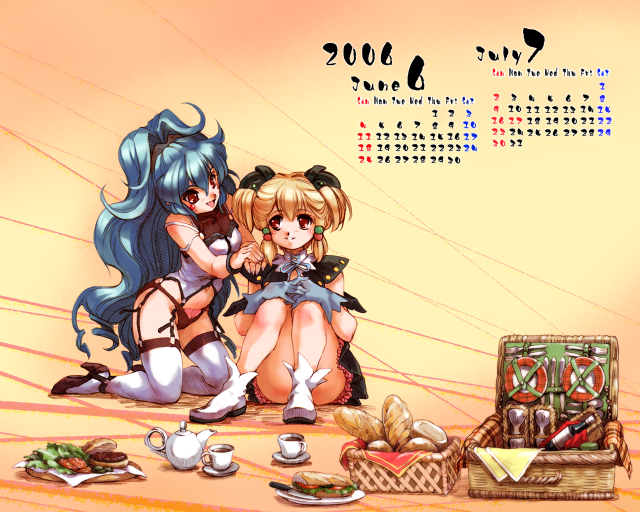 hisahiko, alfimi, irui guneden, banpresto, super robot wars, blonde hair, blue hair, calendar, food, garter belt, long hair, picnic, ponytail, red eyes, skirt, smile, twintails
