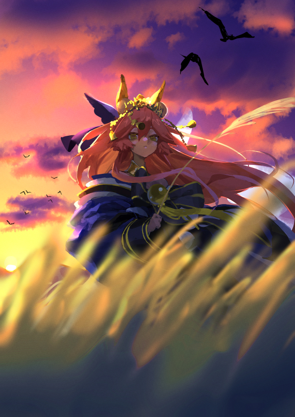 eric ueda, tamamo no mae (fate), tamamo no mae (third ascension) (fate), fate/grand order, fate (series), tamamo (fate), 1girl, animal ears, bird, cloud, expressionless, field, floating hair, fox ears, japanese clothes, kimono, long hair, outdoors, pink hair, sky, solo, sunset, twilight, very long hair, wheat field, wind