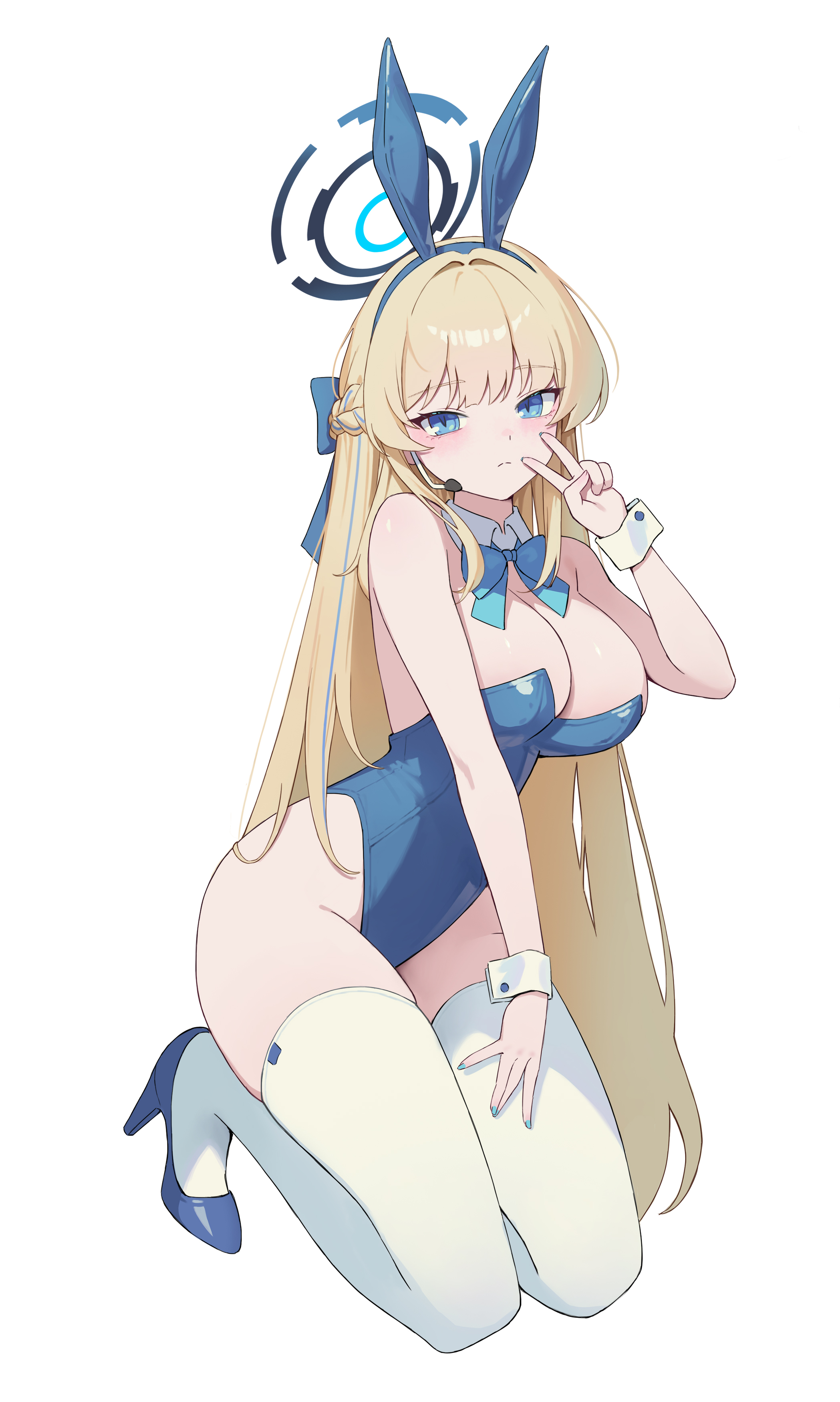 ina seo, toki (blue archive), toki (bunny) (blue archive), blue archive, absurdres, highres, 1girl, animal ear hairband, animal ears, blonde hair, blue bow, blue bowtie, blue eyes, blue hair, blue halo, blue leotard, blue nails, blue shoes, blush, bow, bowtie, braid, breasts, cleavage, closed mouth, detached collar, expressionless, fake animal ears, fingernails, hairband, halo, hand up, high heels, highleg, highleg leotard, kneeling, large breasts, leotard, long fingernails, long hair, looking at viewer, microphone, multicolored hair, nail polish, official alternate costume, playboy bunny, pumps, rabbit ear hairband, rabbit ears, shoes, simple background, solo, strapless, strapless leotard, streaked hair, thighhighs, v, very long hair, white background, white thighhighs, white wrist cuffs, wrist cuffs