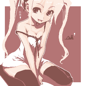 lowres, 1girl, babydoll, breasts, cleavage, female focus, monochrome, oekaki, pink theme, sitting, smile, solo, strap slip, thighhighs, twintails, wariza