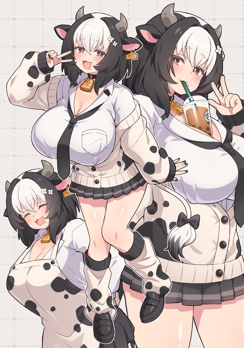 ug (nekonekodou), original, animal ears, animal print, apron, bell, black hair, black necktie, blush, breasts, bright pupils, brown eyes, bubble tea, bubble tea challenge, cardigan, choker, cleavage, cow ears, cow girl, cow horns, cow print, cow print jacket, cowbell, ear tag, flower hairpin, grey background, grid background, gyaru, horns, huge breasts, kogal, leg warmers, loafers, miniskirt, mole, mole under mouth, multicolored hair, multiple views, neck bell, necktie, open cardigan, open clothes, open mouth, shirt, shoes, skirt, sleeves past wrists, smile, two-tone hair, v, white hair, white pupils, white shirt