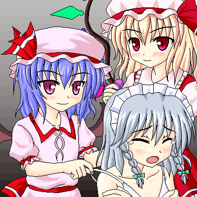 flandre scarlet, izayoi sakuya, remilia scarlet, touhou, silver hair, lowres, 3girls, assisted exposure, bat wings, blonde hair, bra, braid, collarbone, crystal, demon tail, female focus, frills, hat, looking at viewer, maid headdress, mob cap, multiple girls, oekaki, red eyes, tail, tears, twin braids, underwear, upper body, white bra, wince, wings