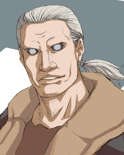 batou (gits), ghost in the shell, silver hair, lowres, 1boy, collarbone, empty eyes, evil smile, green hair, long hair, looking at viewer, male focus, oekaki, parted lips, smile, solo, teeth, upper body