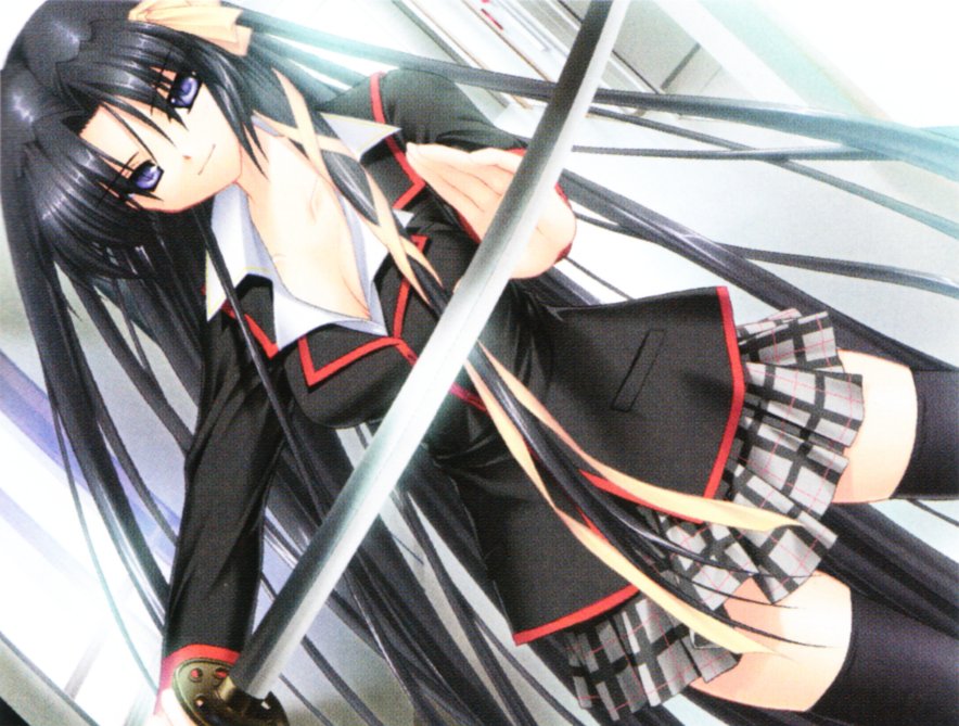 kurugaya yuiko, little busters!, 1girl, black hair, black thighhighs, blue eyes, breasts, cleavage, female focus, long hair, school uniform, serafuku, solo, sword, thighhighs, weapon