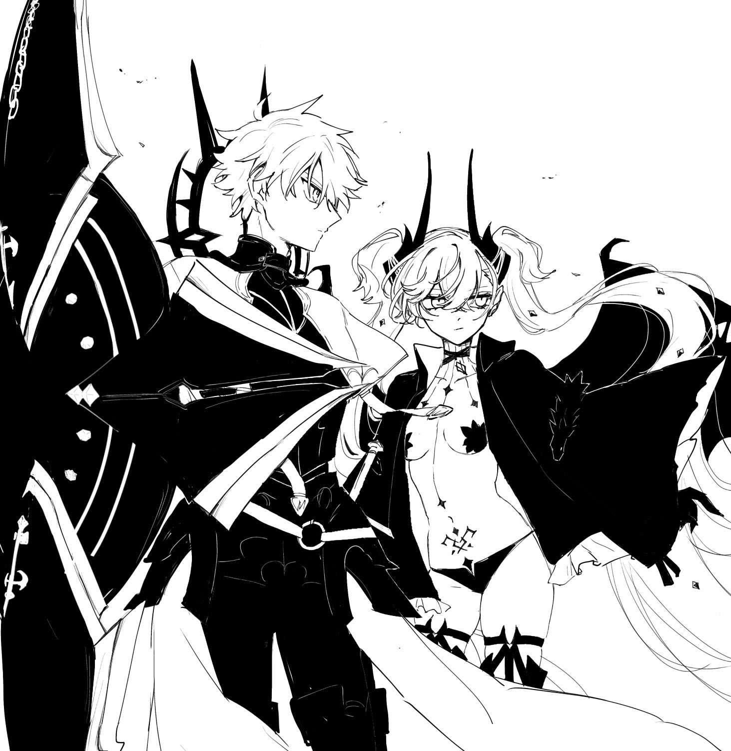 mo (aabx315), galahad (fate), lilith (fate), lilith (second ascension) (fate), fate/grand order, fate (series), highres, 1boy, 1girl, black jacket, body markings, capelet, choker, cowboy shot, expressionless, frown, hair between eyes, holding, holding shield, horns, jacket, looking to the side, lord camelot (fate), monochrome, pasties, shield, short hair, stomach tattoo, studded, tattoo, twintails