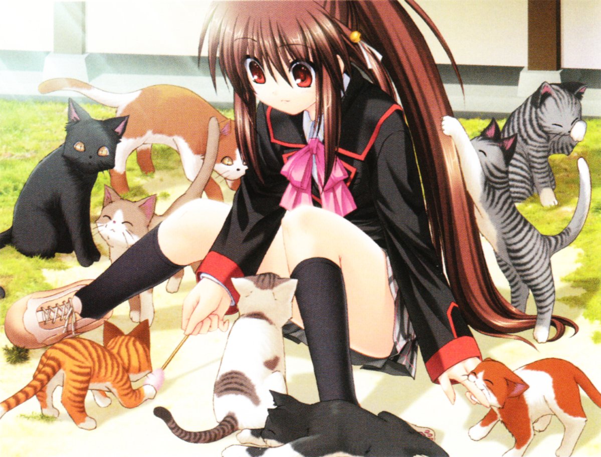 na-ga, natsume rin, little busters!, 1girl, bow, brown hair, cat, female focus, long hair, pink bow, ponytail, red eyes, school uniform, serafuku, solo, too many, too many cats