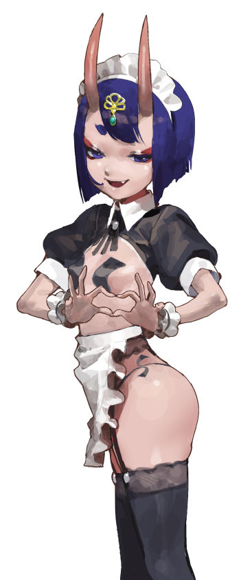 eric ueda, shuten douji (fate), fate/grand order, fate (series), 1girl, apron, black panties, black thighhighs, breasts, eyeliner, fang, four-finger heart hands, garter straps, headpiece, heart, heart hands, horns, looking at viewer, maid, maid headdress, makeup, oni, open mouth, panties, pasties, purple eyes, purple hair, short hair, shrug (clothing), skin-covered horns, small breasts, smile, solo, thighhighs, unconventional maid, underwear