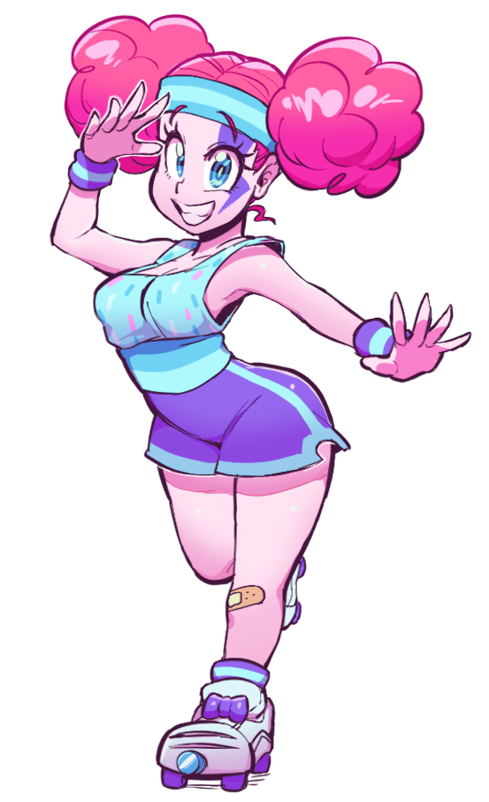 sanjiro (tenshin anman), pinkie pie, pinkie pie (equestria girls), my little pony, my little pony: equestria girls, my little pony: friendship is magic, commentary, 1girl, afro puffs, aqua eyes, armband, bandaid, bandaid on leg, blue tank top, blue trim, breasts, cleavage, colored skin, curly hair, double bun, facepaint, grin, hair bun, headband, lightning bolt symbol, looking at viewer, medium breasts, official alternate costume, official alternate hairstyle, pink hair, pink skin, purple shorts, roller skates, shorts, simple background, skates, smile, solo, sweatband, tank top, white background