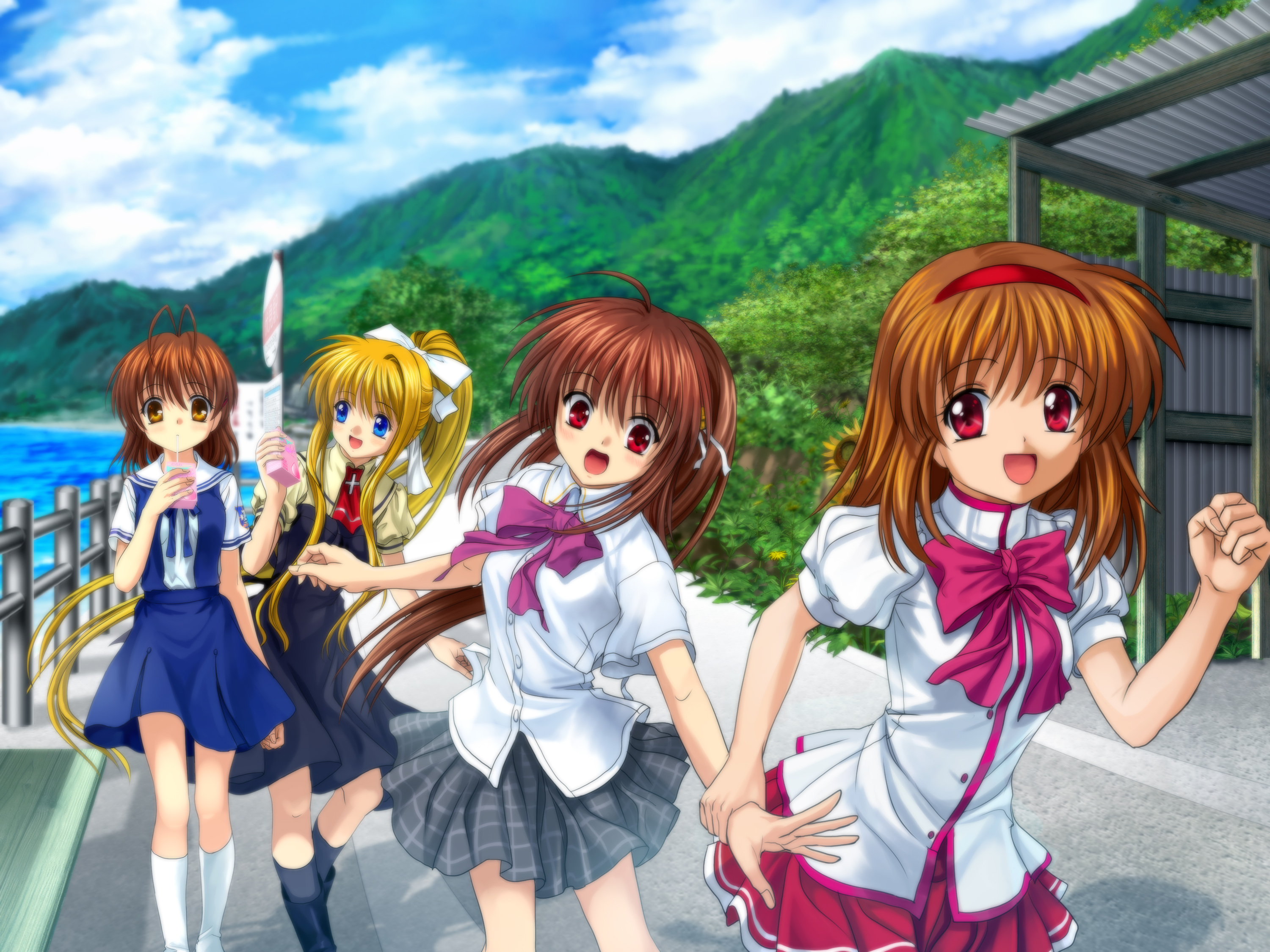 mutsuki (moonknives), furukawa nagisa, kamio misuzu, natsume rin, tsukimiya ayu, air (visual novel), clannad, kanon, key (company), little busters!, highres, 00s, 4girls, alternate costume, blonde hair, bow, company connection, crossover, dragging, drinking, mountain, multiple girls, pink bow, school uniform, serafuku