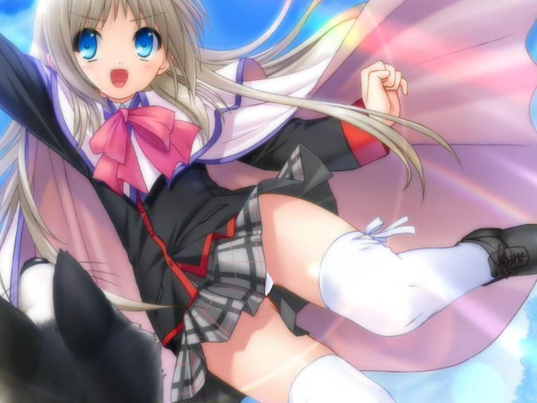 na-ga, noumi kudryavka, strelka, little busters!, silver hair, game cg, 1girl, blue eyes, bow, cape, dog, fangs, female focus, long hair, panties, pantyshot, pink bow, plaid clothes, plaid skirt, school uniform, serafuku, skirt, solo, thighhighs, underwear, white thighhighs, zettai ryouiki