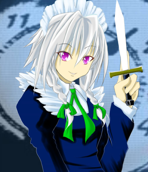 panda90, izayoi sakuya, touhou, 1girl, braid, female focus, knife, maid, purple eyes, short hair, solo, throwing knife, twin braids, weapon, white hair