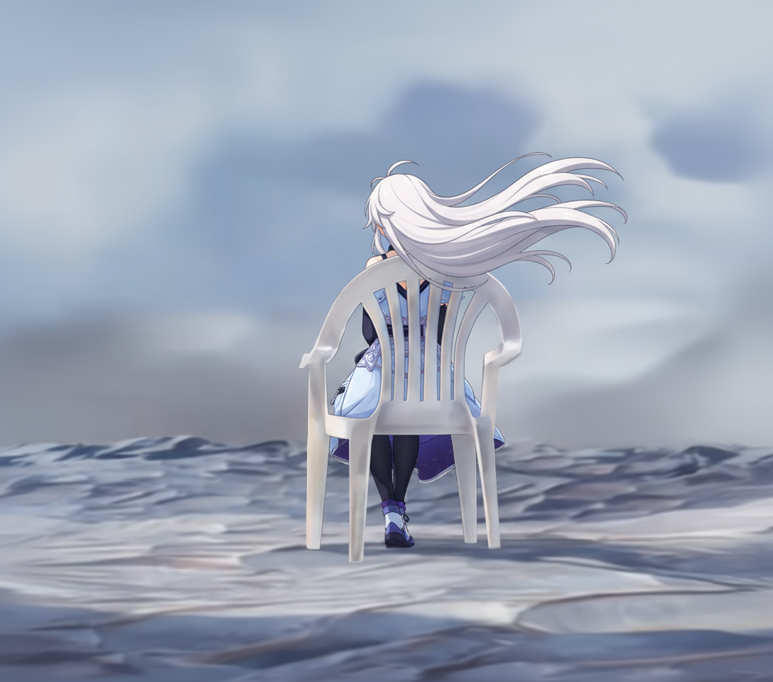 celestia (strinova), devil may cry (series), devil may cry 5, strinova, chinese commentary, commentary request, 1girl, blue dress, chair, dress, floating hair, from behind, full body, long hair, meme, monobloc (chair), on chair, outdoors, sitting, solo, vergil's chair (meme), white hair, wide shot, wind, xian hua piao piao yang