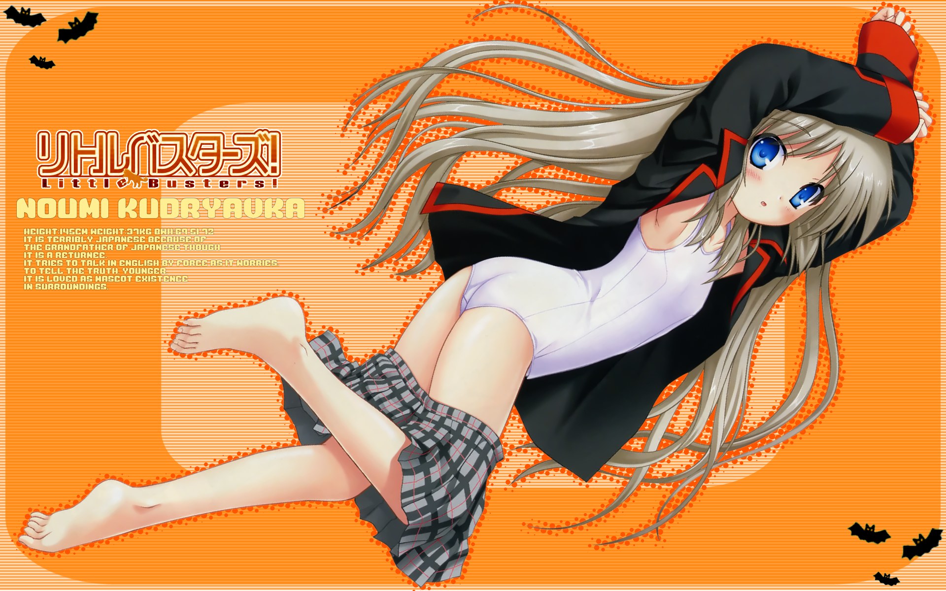 na-ga, noumi kudryavka, little busters!, silver hair, highres, barefoot, blue eyes, clothes pull, english text, engrish text, feet, long hair, one-piece swimsuit, open clothes, open shirt, plaid clothes, plaid skirt, ranguage, school swimsuit, school uniform, serafuku, shirt, skirt, skirt pull, swimsuit, swimsuit under clothes, toes, undressing, white one-piece swimsuit, white school swimsuit