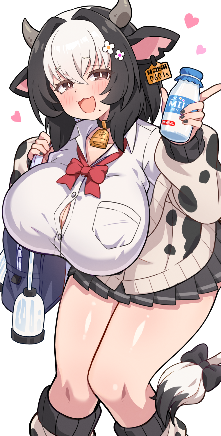 ug (nekonekodou), original, highres, 1girl, animal ears, animal print, bell, black hair, black nails, blush, bottle, bow, bowtie, breast pump, breasts, bright pupils, brown eyes, button gap, cardigan, cow ears, cow girl, cow horns, cow print, cow print jacket, cow tail, cowbell, ear tag, gyaru, heart, holding, holding bottle, horns, huge breasts, kogal, leg warmers, milk bottle, milking machine, miniskirt, mole, mole under mouth, multicolored hair, open cardigan, open clothes, open mouth, red bow, red bowtie, shirt, simple background, skirt, smile, solo, tail, tail bow, tail ornament, thighs, two-tone hair, white background, white hair, white pupils, white shirt