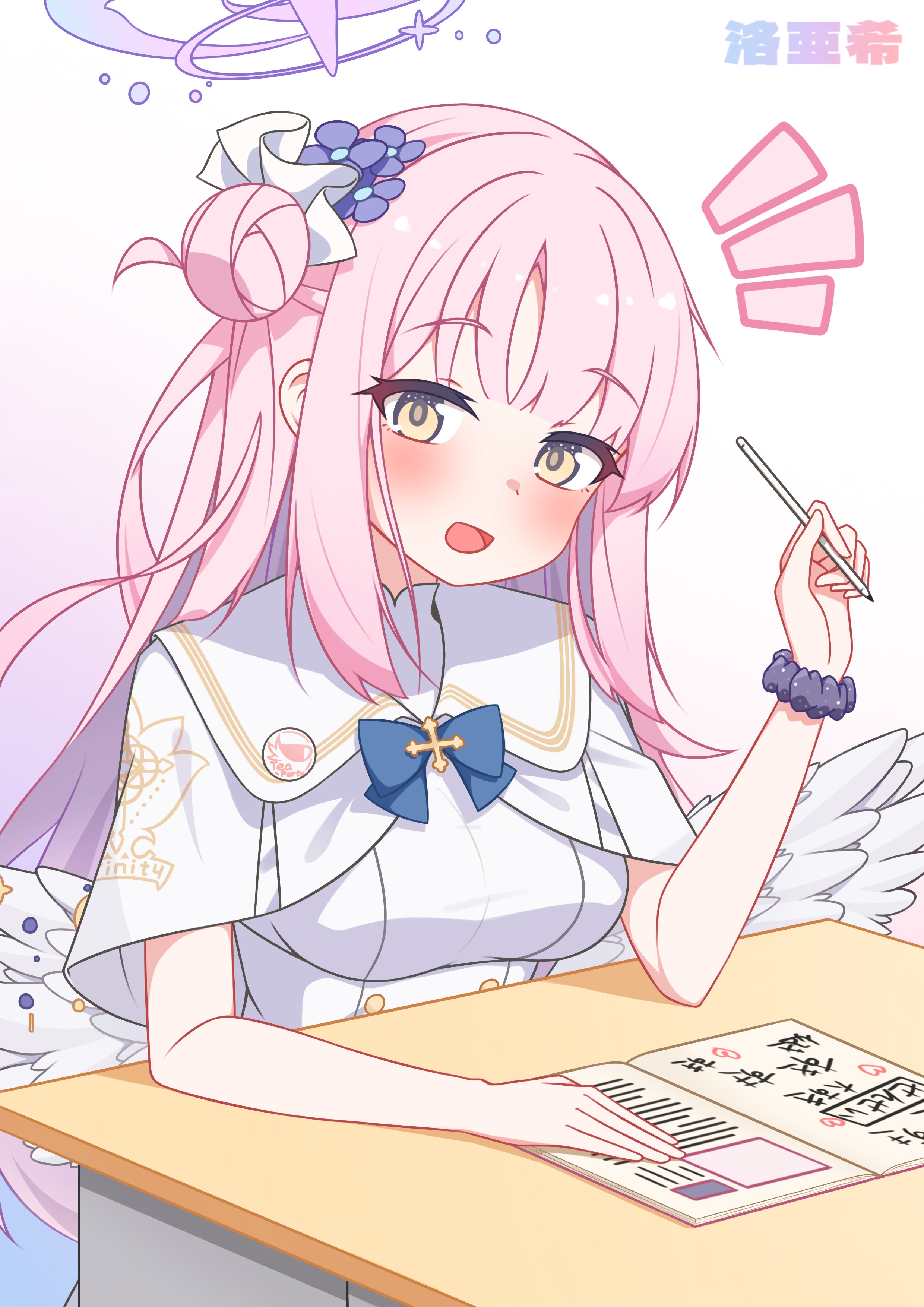 rakuaki, mika (blue archive), blue archive, absurdres, highres, translation request, 1girl, angel wings, blue bow, blush, bow, breasts, capelet, feathered wings, gold trim, hair bun, halo, holding, holding pen, long hair, looking at viewer, low wings, medium breasts, notice lines, open mouth, pen, pink hair, pink halo, scrunchie, single hair bun, single side bun, smile, solo, very long hair, white background, white capelet, white wings, wings, wrist scrunchie, yellow eyes